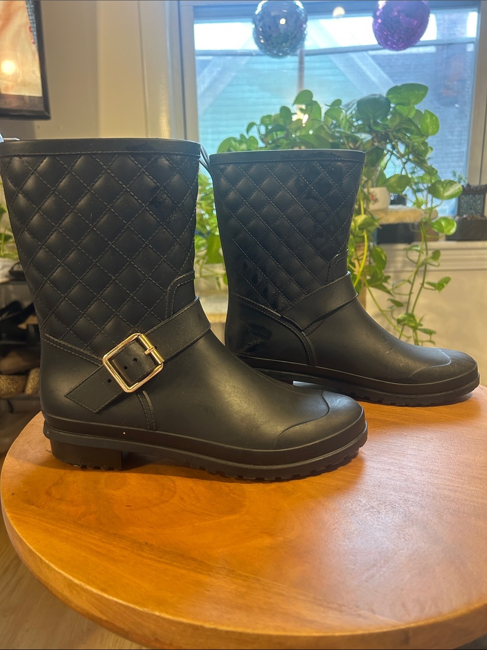 Capelli of New York Quilted Mid-Calf Rain Boots in Black with Gold Buckle